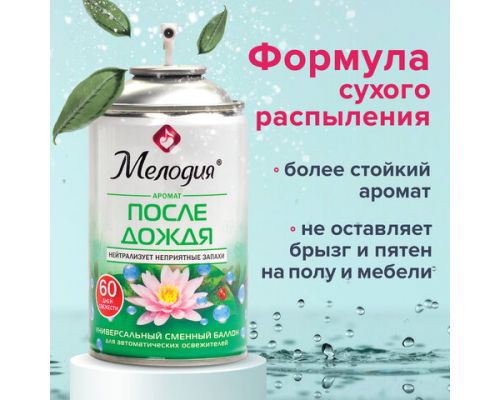 Сменный баллон 250 мл МЕЛОДИЯ "После дождя", для автоматических освежителей, универсальный, 605227
