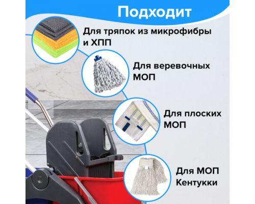 Тележка уборочная BRABIX, 2 съемных ведра 30 л, механический отжим, пластиковый каркас, фиксирующаяся ручка, 606661