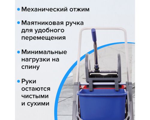 Тележка уборочная BRABIX, 2 съемных ведра 30 л, механический отжим, пластиковый каркас, фиксирующаяся ручка, 606661