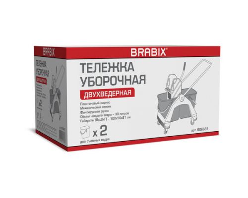 Тележка уборочная BRABIX, 2 съемных ведра 30 л, механический отжим, пластиковый каркас, фиксирующаяся ручка, 606661